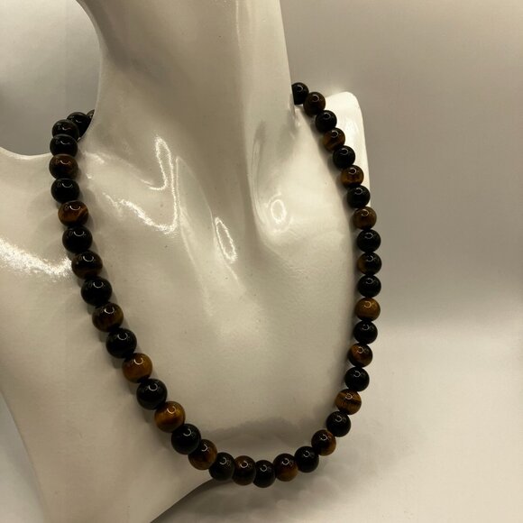Men's Tiger Eye and Obsidian Genuine Gemstones 18.5 inch Choker Handmade NEW - Picture 9 of 13